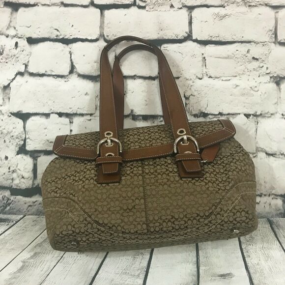 Coach Women's Purse Brown Fabric Cloth Satchel Leather Handles Trim - Picture 5 of 7